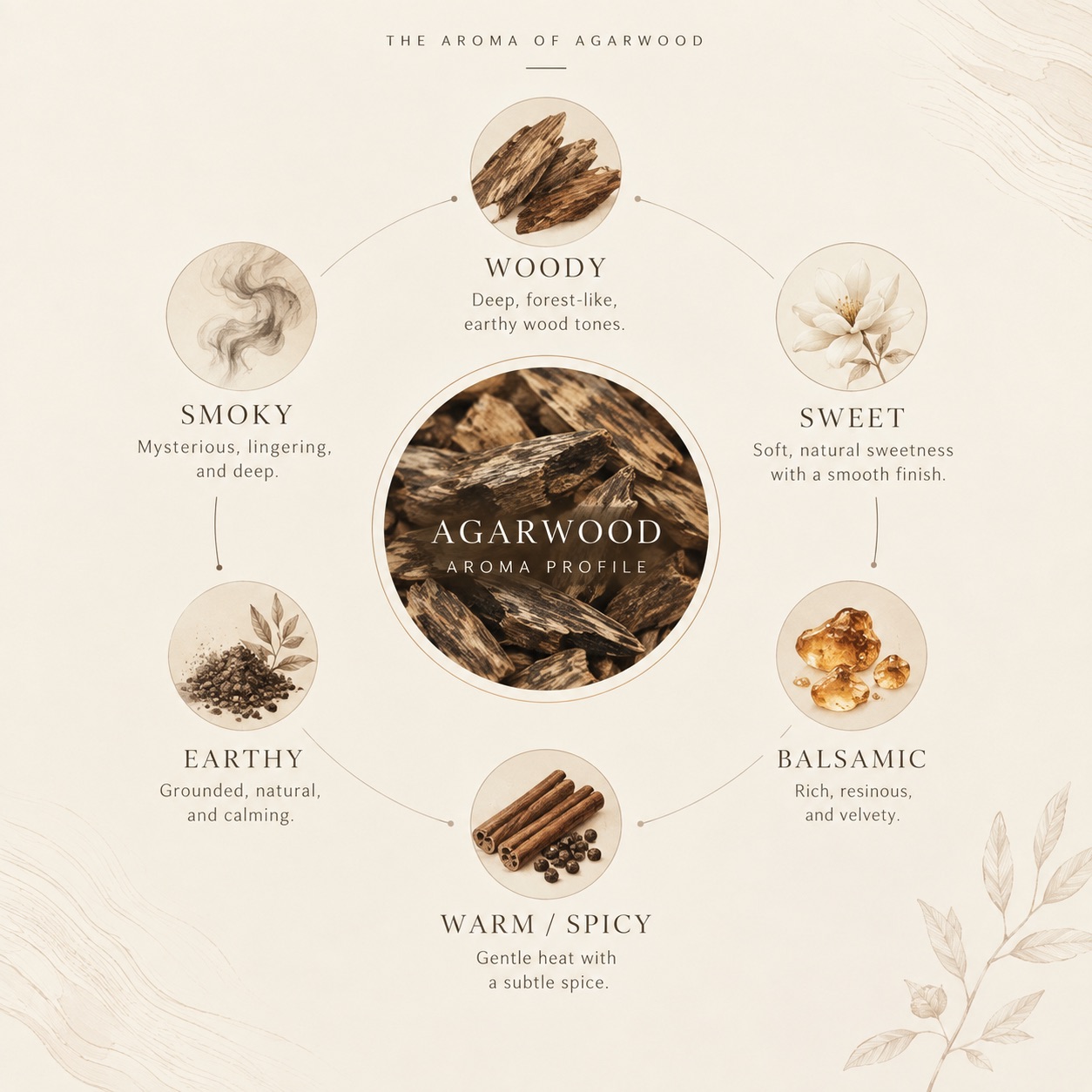 Comprehensive scent wheel showing woody, sweet, balsamic, warm, earthy, and smoky notes of agarwood
