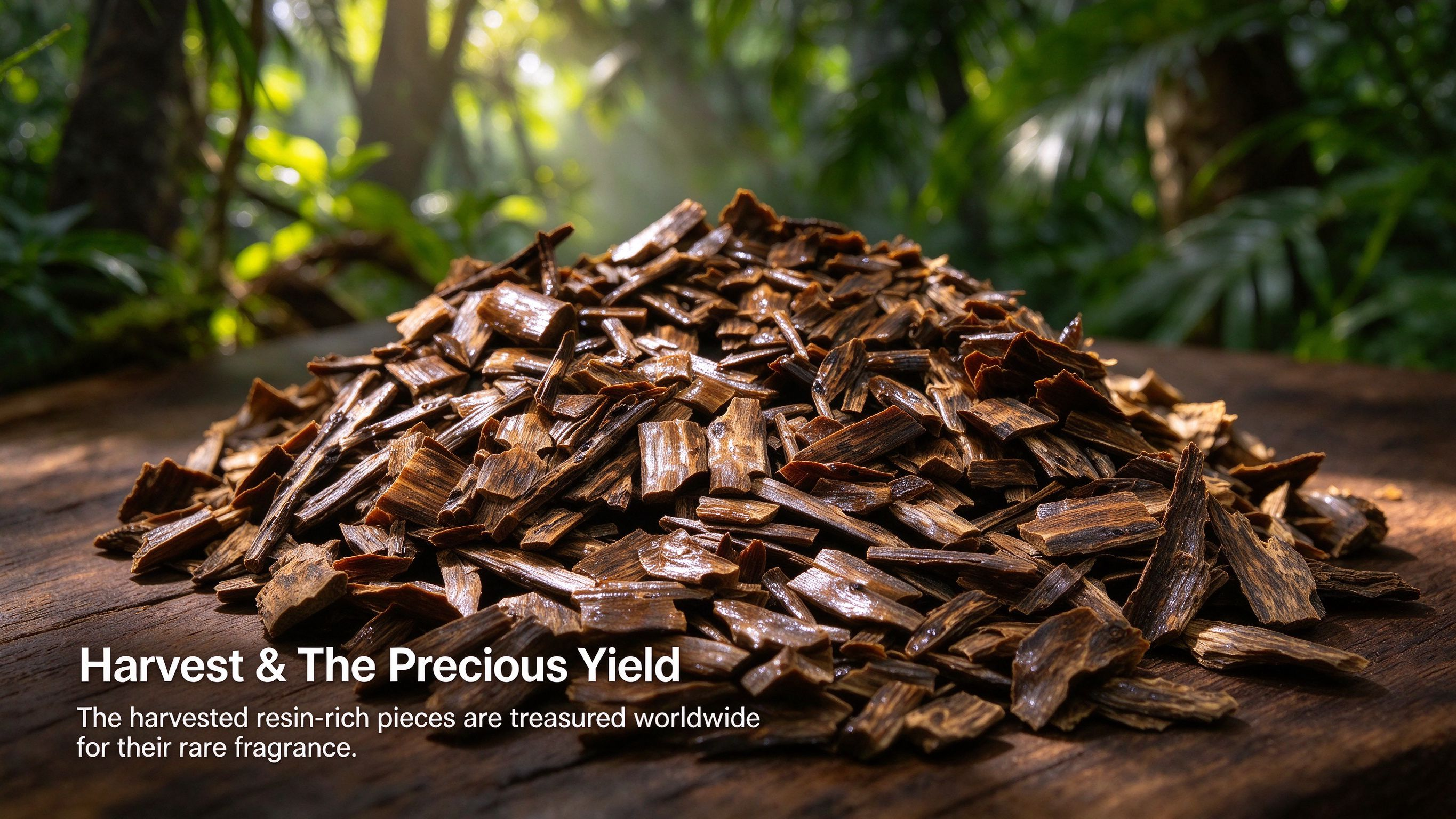 Harvested resin-rich agarwood chips showing rich texture and color