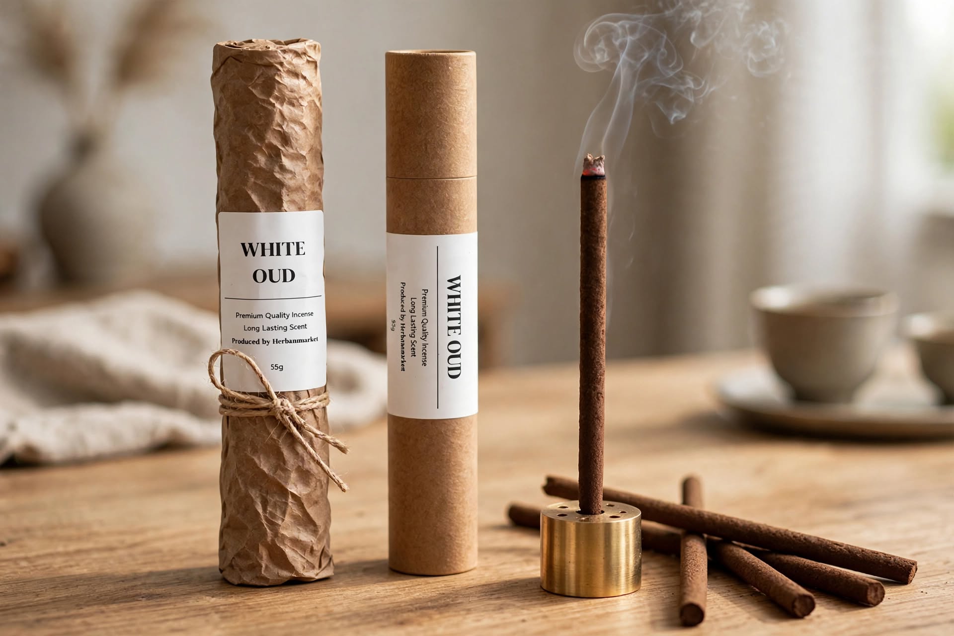 Natural agarwood incense stick gently burning in a minimal ceramic holder