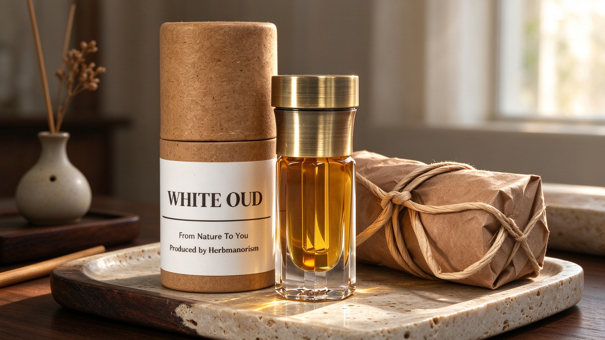 Pure agarwood oil in an elegant glass bottle displaying warm amber reflections