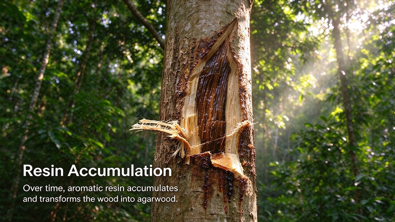 Dark aromatic resin accumulating inside the affected wood of an Aquilaria tree