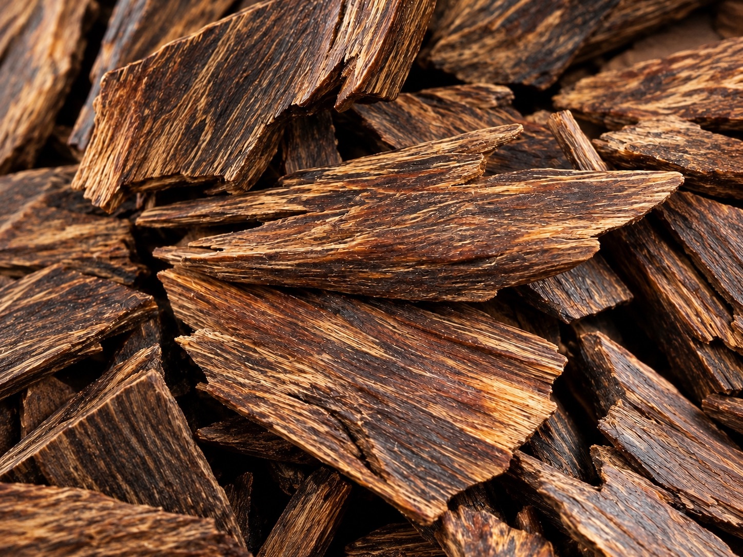 Close-up of resin-rich raw agarwood pieces showing dark aromatic wood and natural grain