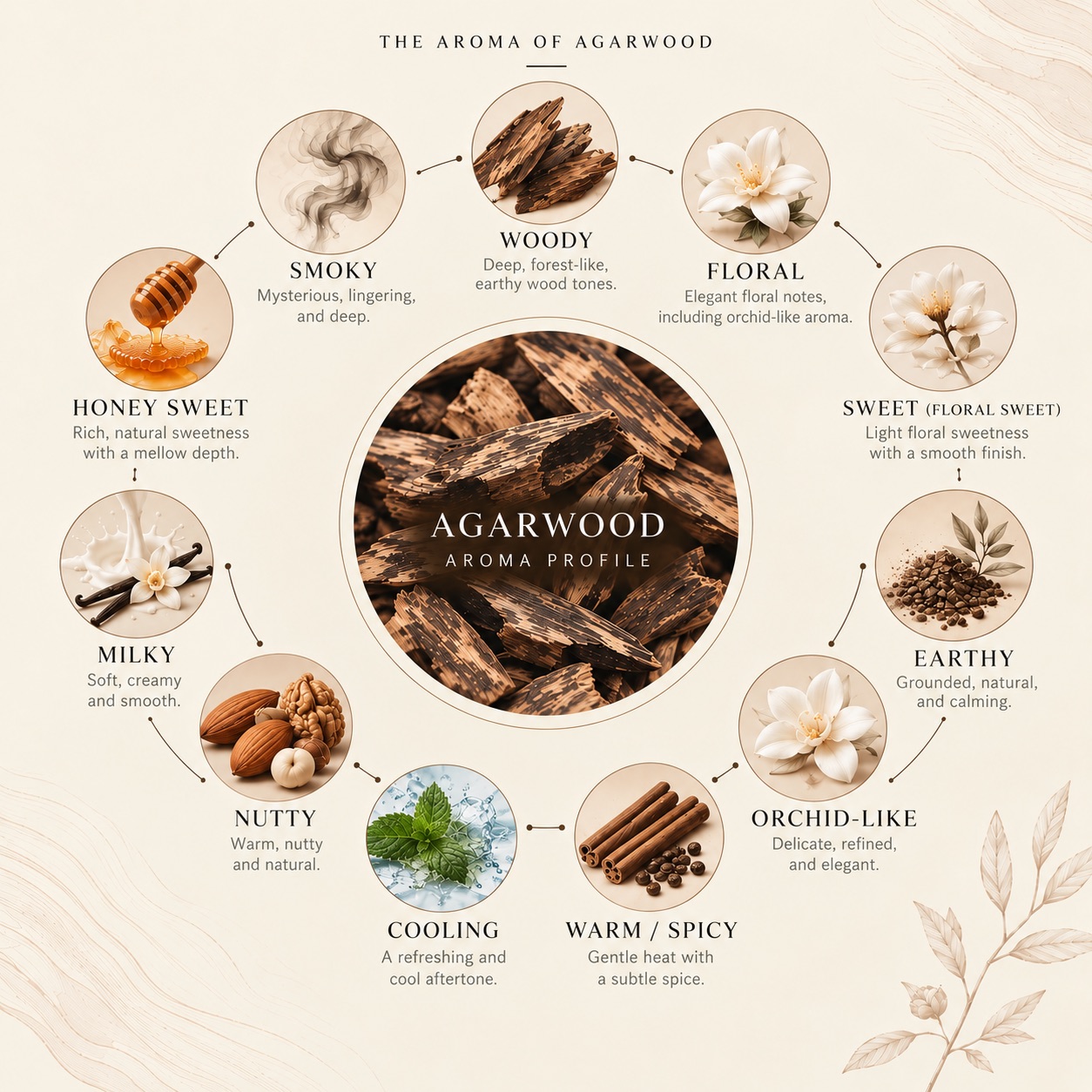 Spektrum aromatów agarwood obejmujące nuty drzewne, kwiatowe, słodkie, miodowe, kremowe, chłodne, orzechowe, ziemiste, korzenne i dymne
