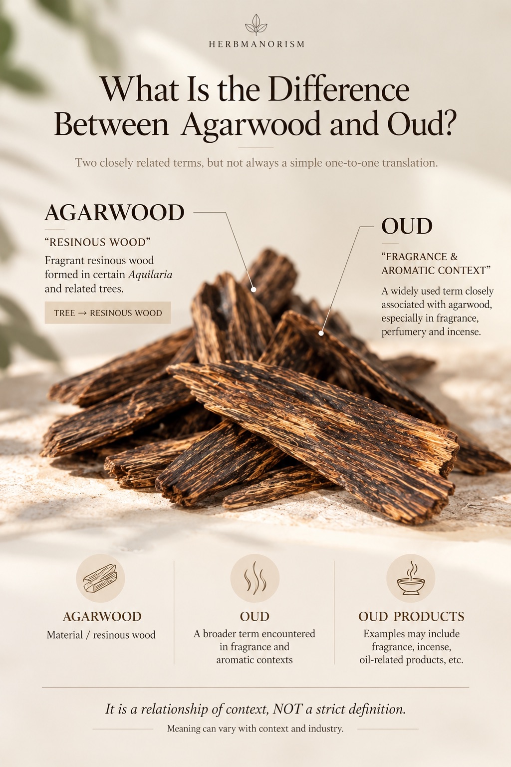 Educational infographic explaining the relationship between agarwood and oud