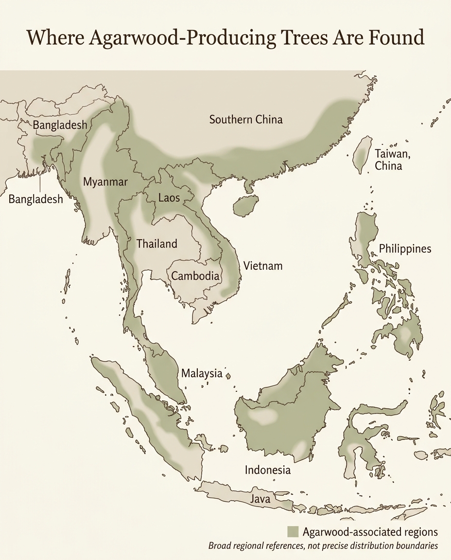 Map showing broad regions where agarwood-producing trees are found