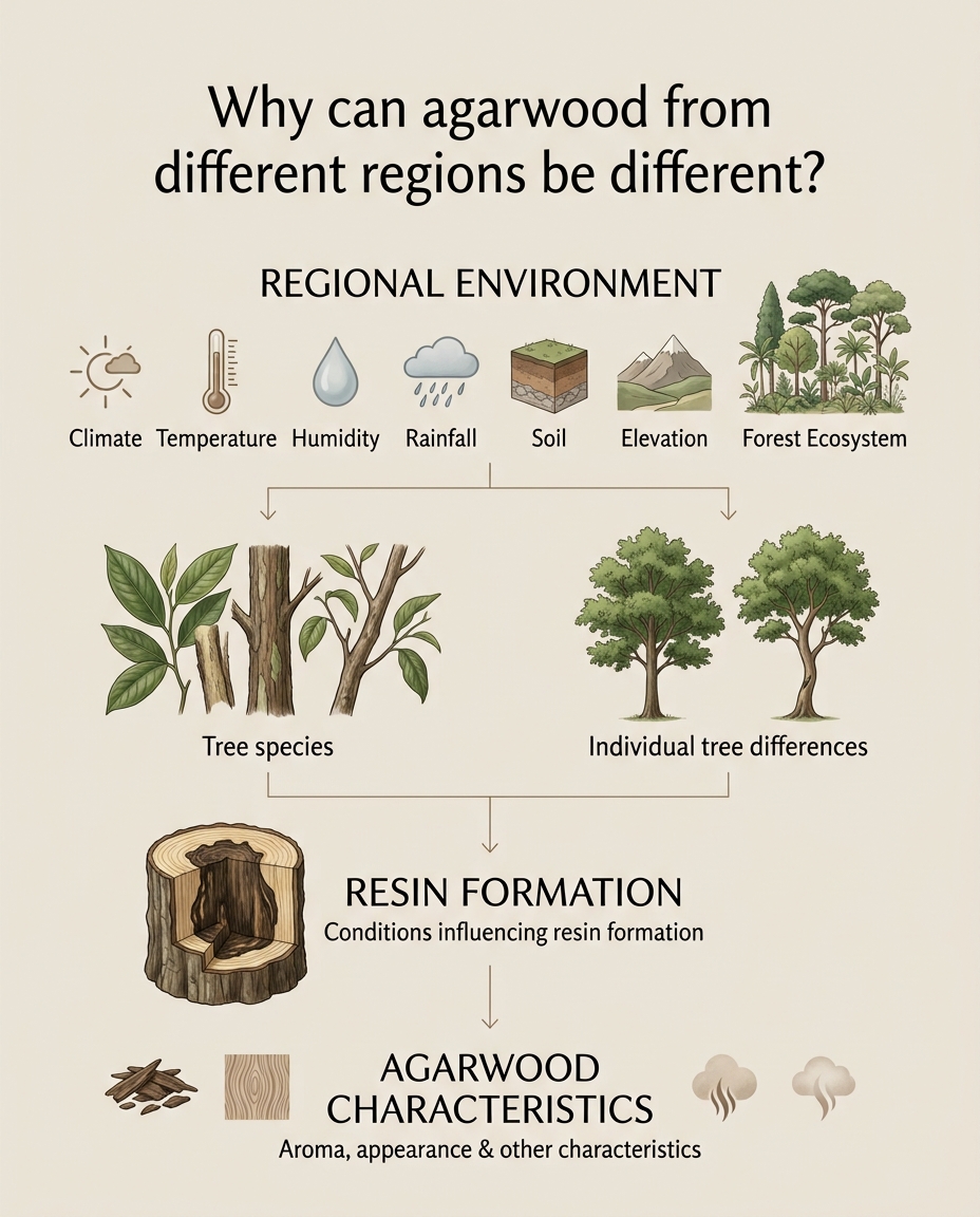 Diagram showing regional environment, tree species and individual tree differences, resin formation, and agarwood characteristics
