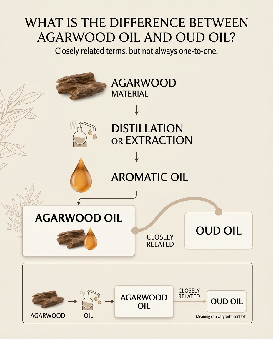 Educational diagram explaining the relationship between agarwood material, aromatic oil, agarwood oil, and oud oil