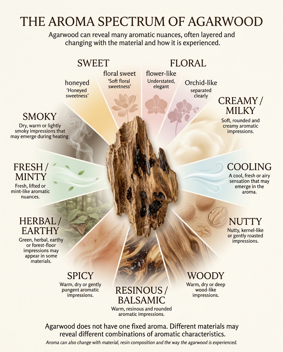 Aroma spectrum of agarwood showing sweet, floral, orchid-like, creamy or milky, cooling, nutty, woody, resinous or balsamic, spicy, herbal or earthy, fresh or minty, and smoky aromatic nuances