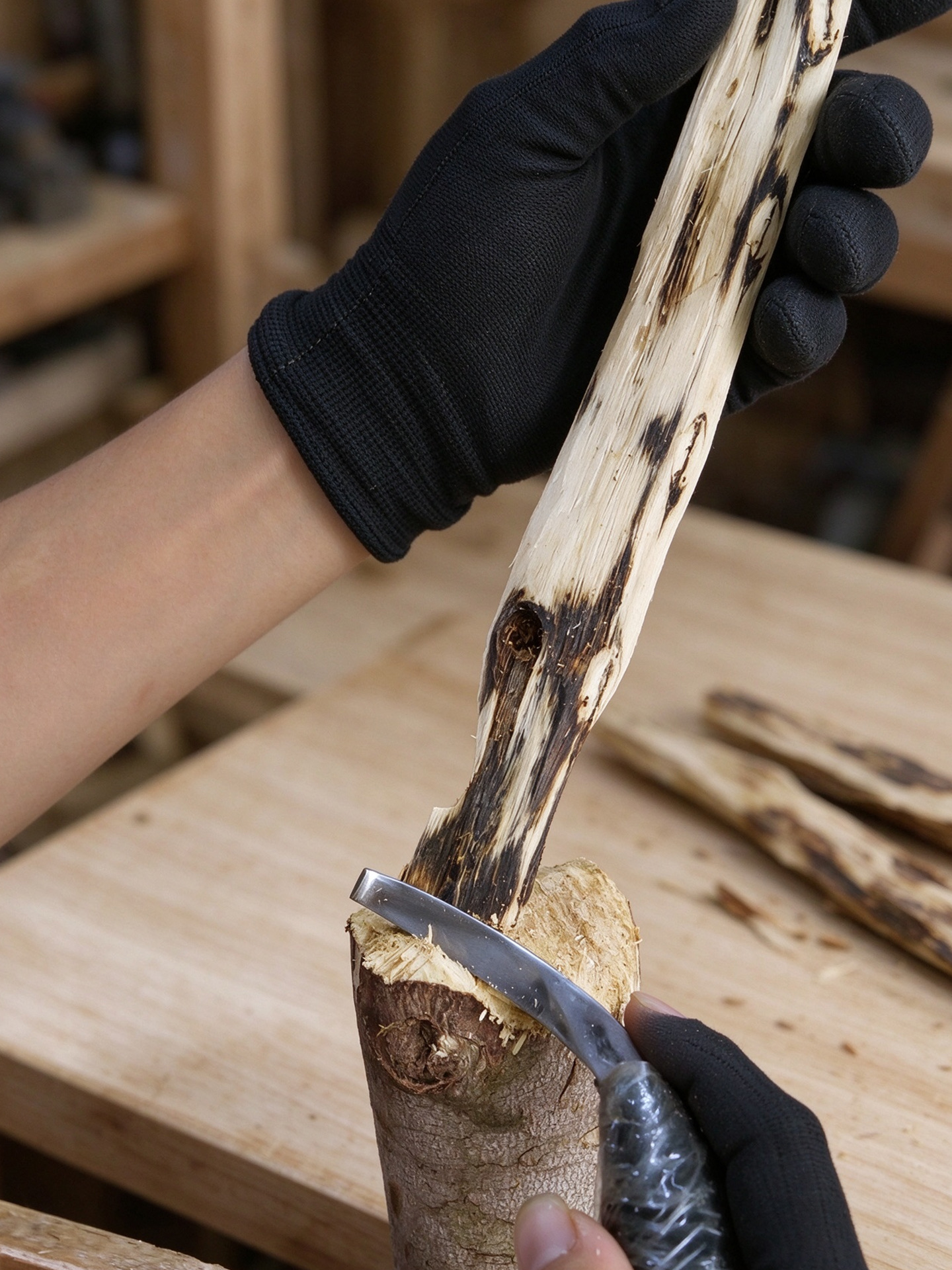 Long agarwood raw material showing natural grain and resin-rich areas